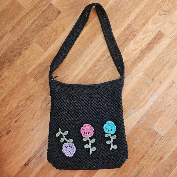 Sonoma Crochet Shoulder Bag Black Knit Tote Purse Floral Applique Boho Cottage - Picture 5 of 14